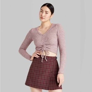 Wild Fable Cropped Deep V-Neck Ruched Tie Front Sweater